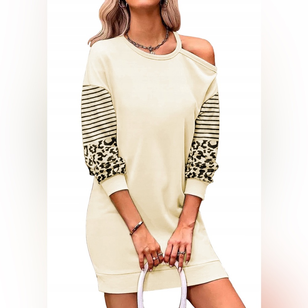 Stylish Off-Shoulder Cream Dress with Animal Print Sleeves